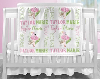Pink flamingo and flowers baby name blanket, girl tropical personalized baby blanket, newborn baby shower gift, flamingo swaddle blanket