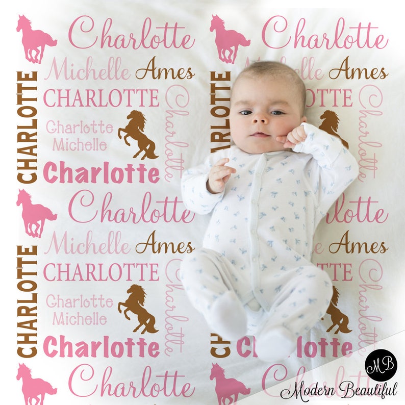 Horse personalized baby blanket, newborn wild horses girls name blanket, horse baby swaddle, horse theme baby gift, CHOOSE COLORS image 1