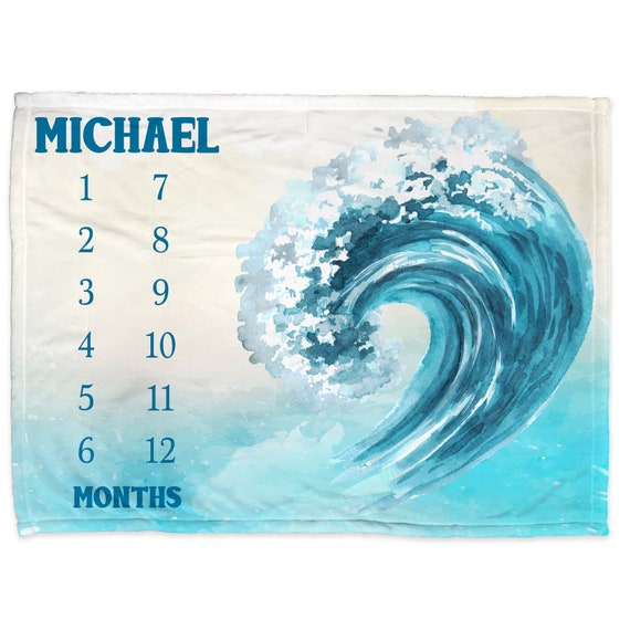 Wave milestone baby blanket, personalized ocean sand boy or girl