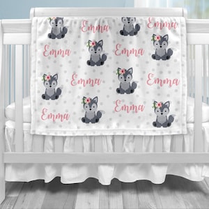 Girl Wolf Baby Blanket: Personalized Name Blanket Pink Flower image 1