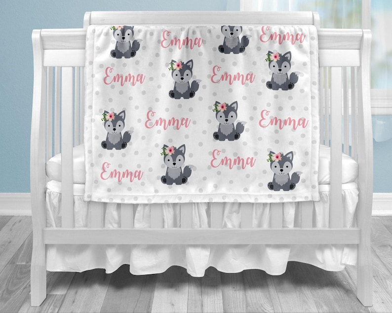 Girl Wolf Baby Blanket: Personalized Name Blanket Pink Flower image 1