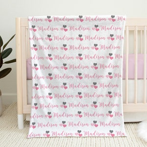 Baby blanket with hearts, personalized hearts newborn blanket, pink and gray baby girl swaddle, heart theme baby gift, (CHOOSE COLORS)