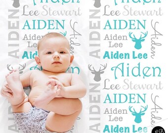 Deer baby name blanket, aqua and gray deer antlers personalized swaddle blanket, baby boy or girl deer rack newborn baby gift