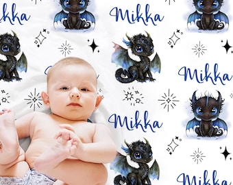 Personalized Dragon Baby Blanket, Blue Name Swaddle, Newborn Boy Gift