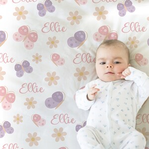 Pastel butterfly baby blanket, girl personalized butterflies swaddle blanket, newborn butterfly baby gift with name, pink purple blanket