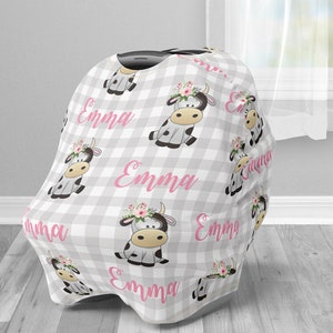 Farm cow floral pink baby car seat cover, baby girl cows custom infant cover, personalized newborn cow baby gift, nursing privacy cover image 1