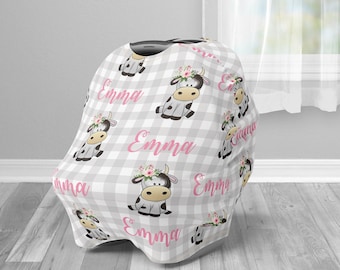 Cow infant seat cover pink baby girl farm animal custom infant cover, personalized newborn cow baby gift, nursing privacy cover