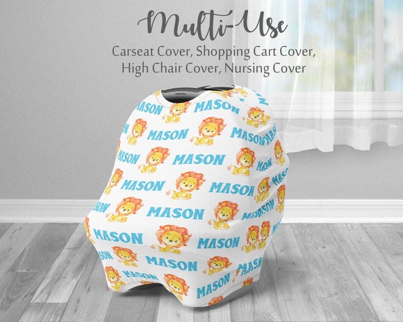 Baby lion baby car seat canopy, safari infant car seat cover, boy, girl, personalized newborn name carseat cover, nursing privacy, lion gift image 1