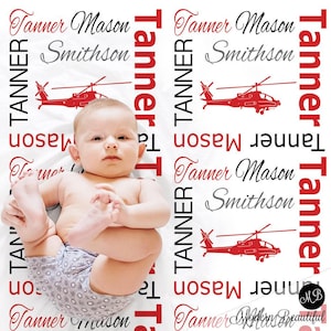 Personalized Military Helicopter Baby Blanket Custom Name Newborn or Toddler Gift