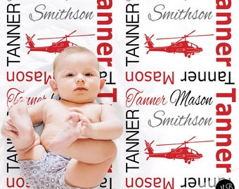 Personalized Military Helicopter Baby Blanket Custom Name Newborn or Toddler Gift