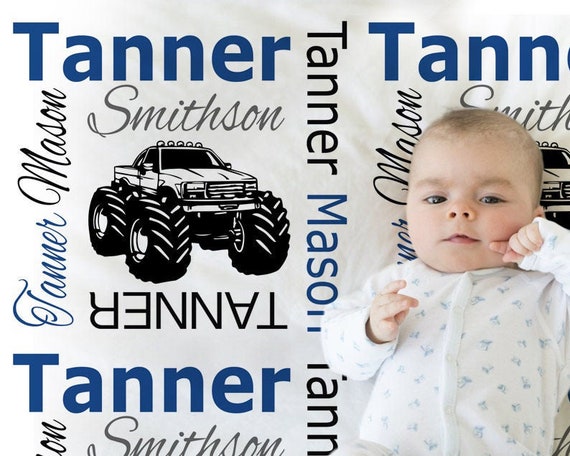 Monster truck baby blanket, truck baby blanket, boy blanket, blue black blanket, monster truck gift, personalized baby gift, CHOOSE COLOR Il_570xn