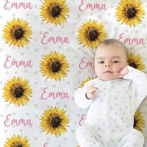 Polka dot sunflower baby blanket, personalized name blanket with sunflowers, baby girl floral newborn gift, pink floral baby swaddle