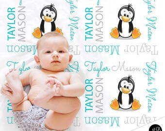 Personalized Penguin Baby Blanket: Custom Name Swaddle Gift (Boy/Girl)