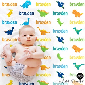 Dinosaur baby blanket, dinosaur blanket with name, personalized boys newborn baby gift with dinos, bright colors dinosaur swaddle blanket