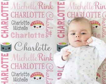 Personalized Baby Blanket: Sushi Theme Pink Name Gift (Choose Colors)