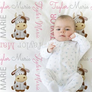 Personalized cow baby girls blanket pink farm animal newborn cow swaddle blanket with name, farm cow theme baby gift, pink gray cute cow