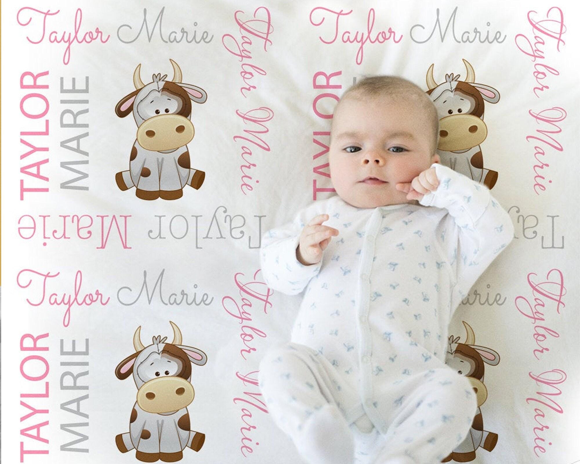 Personalized cow baby girls blanket pink farm animal newborn cow swaddle blanket with name, farm cow theme baby gift, pink gray cute cow