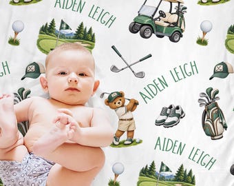 Personalized Teddy Bear Golf Baby Blanket, Custom Boy Name Gift  Golfer Theme Gift Nursery