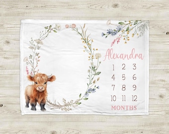 Personalized Highland Cow Baby Milestone Blanket – Pink Floral Growth Tracker Newborn Photo Prop