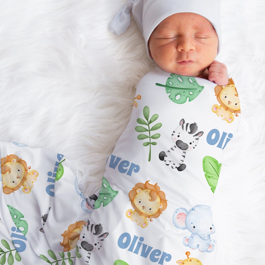 Safari Animals Baby Blanket, Jersey Swaddle Blanket, Personalized Boys ...