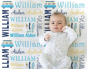 Personalized Surfboard Baby Blanket - Newborn Swaddle or Toddler Surfer Gift