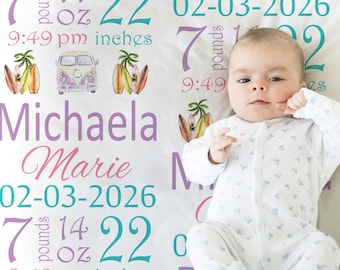 Surfer Girl Birth Stats Blanket Personalized Newborn Surfboard Gift