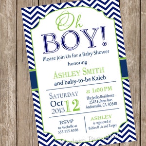 Oh boy baby shower invitations, baby boy lime and navy baby shower invite cards, chevron party invitations, oh baby, CHOOSE COLORS image 2