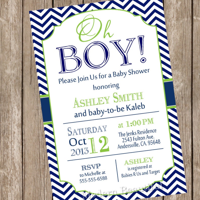 Oh boy baby shower invitations, baby boy lime and navy baby shower invite cards, chevron party invitations, oh baby, CHOOSE COLORS image 2