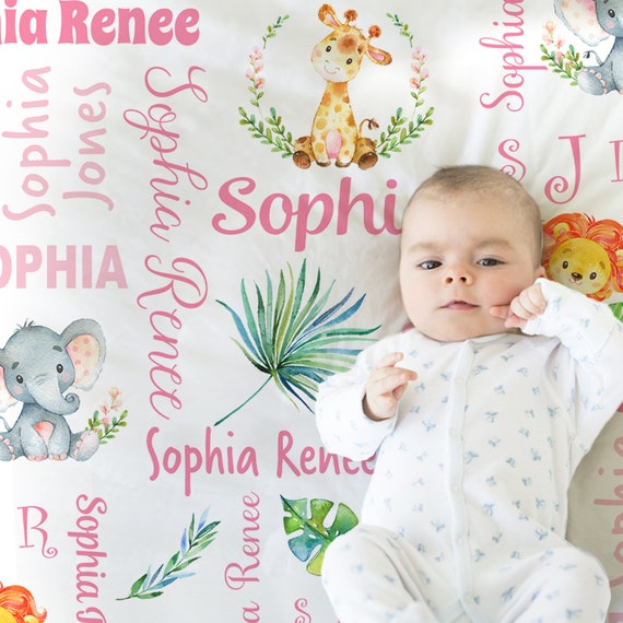 Safari Animals baby blanket, newborn girl personalized blanket with