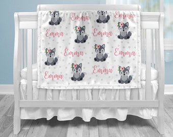 Wolf baby girl blanket, pink wolf personalized blanket, custom blanket, little girl wolf blanket, personalized blanket, choose colors