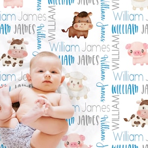 Farm animals baby name blanket, personalized boys country farm blanket, newborn farm baby gift, baby boys cow horse swaddle (CHOOSE COLORS)