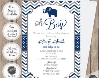 Elephant baby shower invitation, oh boy elephant heart baby shower invitation, navy and gray chevron party invite, printed or digital files