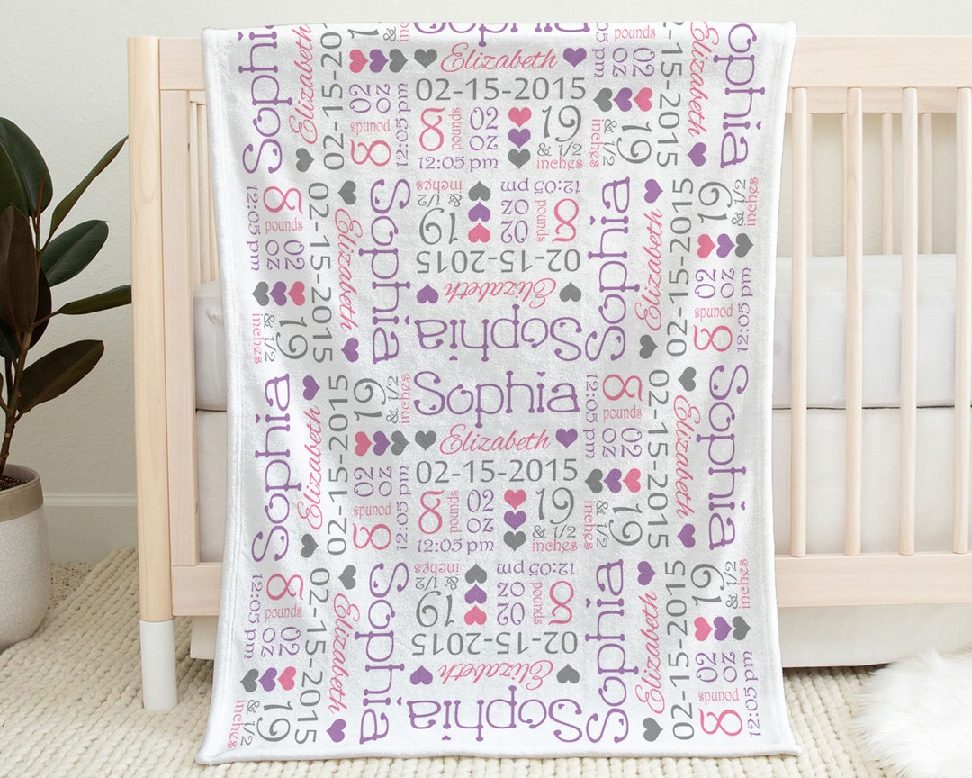 Baby Birth Stats Blanket, Girls Hearts Personalized Name Blanket, Birth