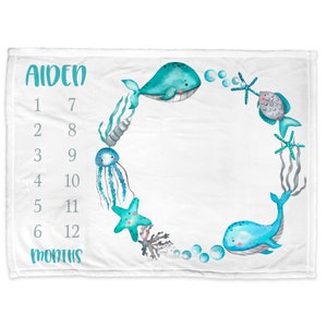 Ocean Milestone Blanket, Personalized under the sea baby growth blanket, newborn ocean animals baby gift