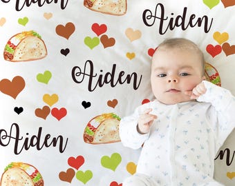 Funny taco baby blanket, cute taco personalized newborn blanket, funny baby gift, unique baby name swaddle, baby boy or girl (CHOOSE COLORS)