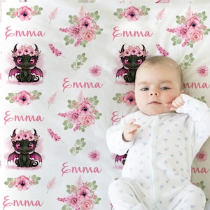 Pink dragon baby girl name blanket, personalized dragon swaddle blanket, newborn floral dragon baby gift with name, baby girl dragon blanket