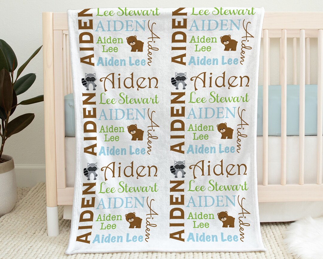 Woodland Bear and Raccoon Baby Blanket, Forest Animal Newborn Swaddle