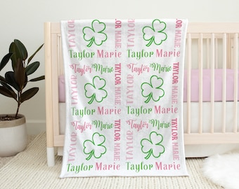 Shamrock personalized baby blanket, st patricks lucky girls name blanket, clover newborn baby gift, baby boy or girl, (CHOOSE COLORS)