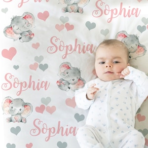 Elephant baby blanket, hearts elephant personalized name blanket, newborn baby swaddle blanket, watercolor elephant baby gift, pink and gray image 1