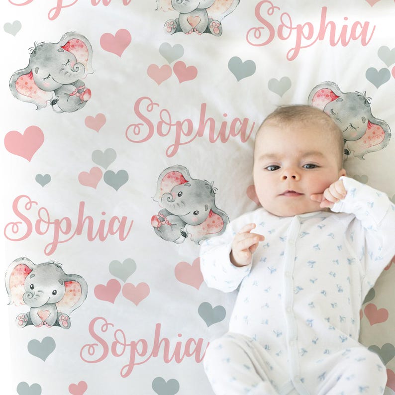 Elephant baby blanket, hearts elephant personalized name blanket, newborn baby swaddle blanket, watercolor elephant baby gift, pink and gray image 1