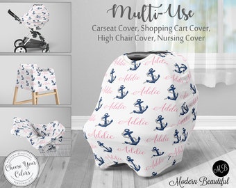 Anchor car seat canopy cover, girl nautical custom infant car seat cover, personalized baby name carseat cover, anchor nursing privacy cover