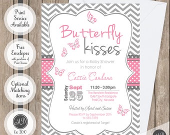 Butterfly kisses baby shower invitation, butterflies baby shower invites, pink and gray girls chevron party cards, cute butterfly cards