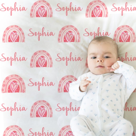 Heart Rainbow baby blanket in pink, watercolor rainbow personalized
