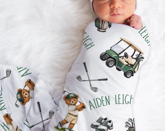 Personalized Golf Baby Blanket With Teddy Bear Golfer for Newborn or Toddler