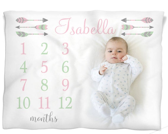 Feather arrow milestone photo baby blanket, personalized baby gift, girl baby blanket, monthly milestone baby blanket, baby growth blanket- Il_570xn