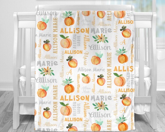 Newborn peach baby girl blanket, personalized sweet peaches blanket with name, watercolor baby gift, girl georgia blanket with peaches Il_570xn