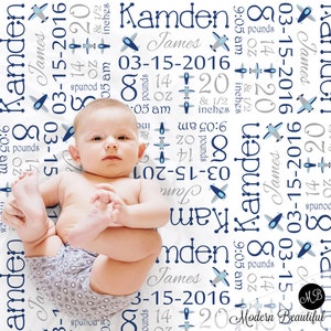 Birth stats airplane blanket, personalized aviation baby gift, baby stats blanket with birth information, (CHOOSE COLORS)