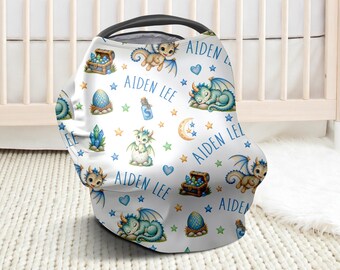 Personalized dragon baby boys car seat cover, dragon theme baby gift with name, canopy cover with dragons