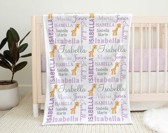 Baby girl giraffe baby blanket, personalized giraffe newborn blanket, purple and gray swaddle, giraffe baby gift, boy or girl (CHOOSE COLOR)