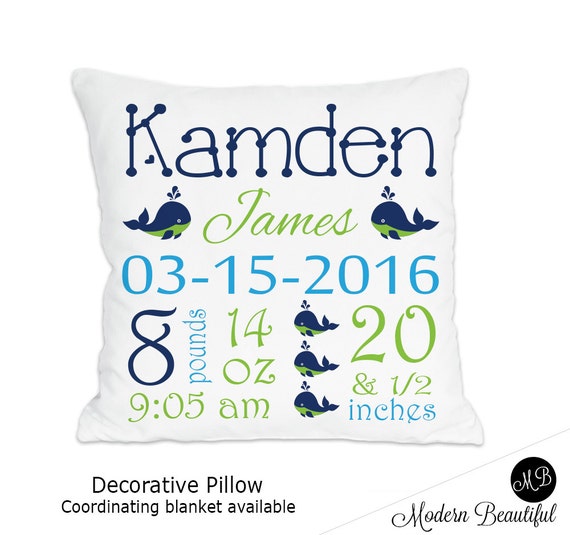 Whale Name Pillow Navy And Lime For Baby Boy Personalized Baby